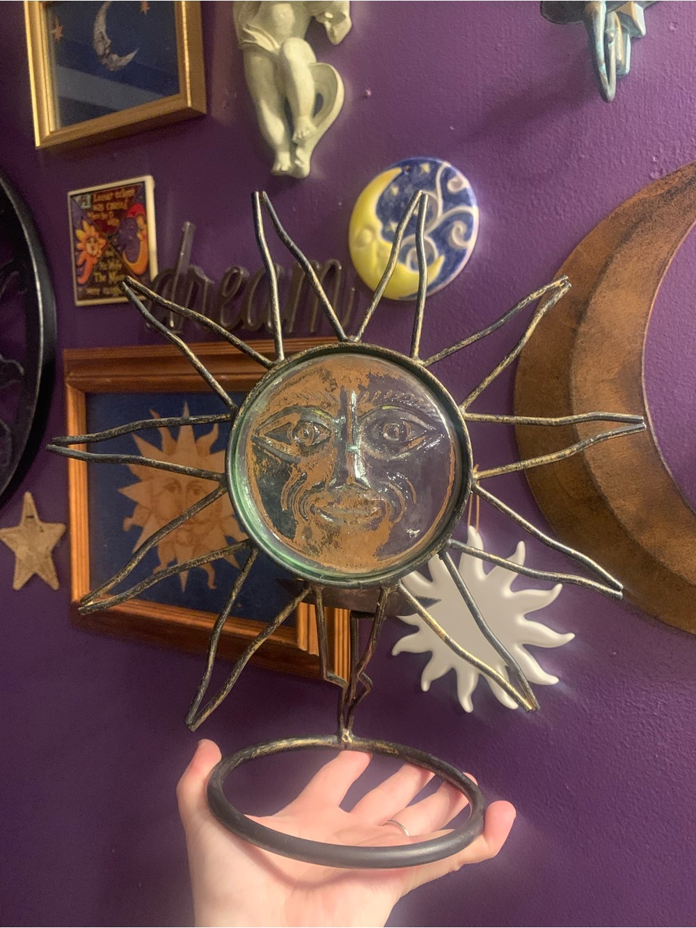 Celestial Sun Face Candle Holder Metal Glass Whimsygoth Decor